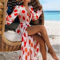 Yeezzi 2023 Polka-Dot Floral-Print Puff Sleeves Tunicshang Maxi Dress Sexy Deep V Beach Bohemia Dresses For Women