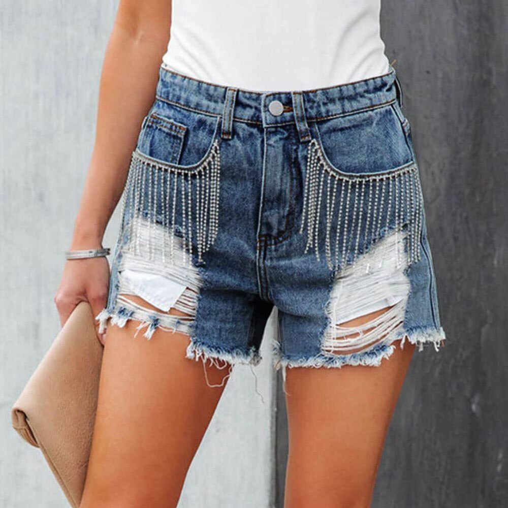 Sexy Fashion Casual Diamond Chain Tassel Perforated Jean Shorts Women Summer Streetwear