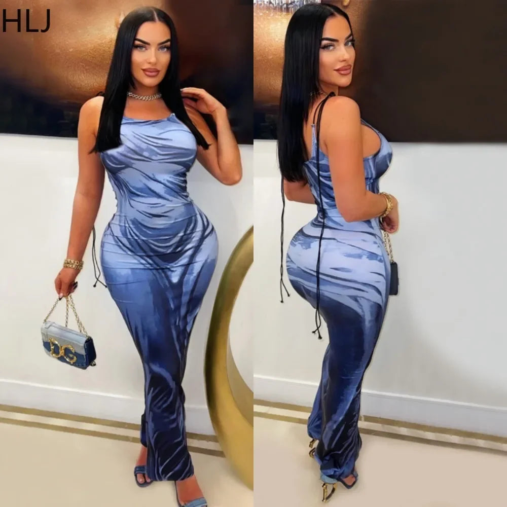 HLJ Fashion Print Bodycon Lace Up Suspended Dress Women Thin Strap Sleeveless Slim Mid Dresses Female Party Club Vestidos 2023