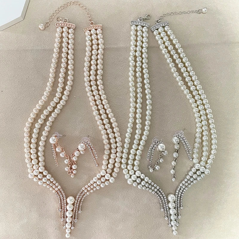 Luxury Fashion Crystal Micro Pave Setting 3 Layer Pearl Chains Necklaces for Women Wedding Party Accessories Jewellery