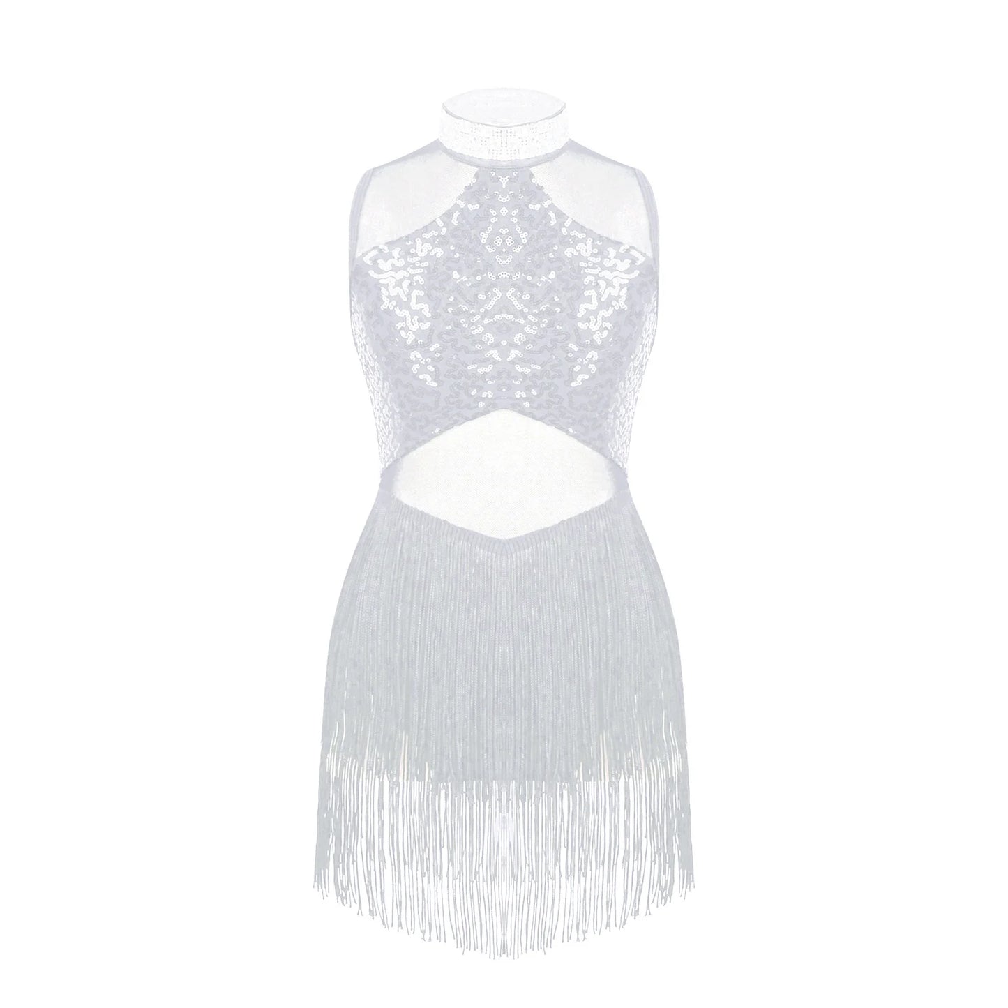 Girls Shiny Rhinestone Jazz Ballet Dance Dress Decorated Collar Sequins Mesh Tassel Hem Dance Leotards Dance Performance Dress
