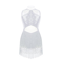 Girls Shiny Rhinestone Jazz Ballet Dance Dress Decorated Collar Sequins Mesh Tassel Hem Dance Leotards Dance Performance Dress