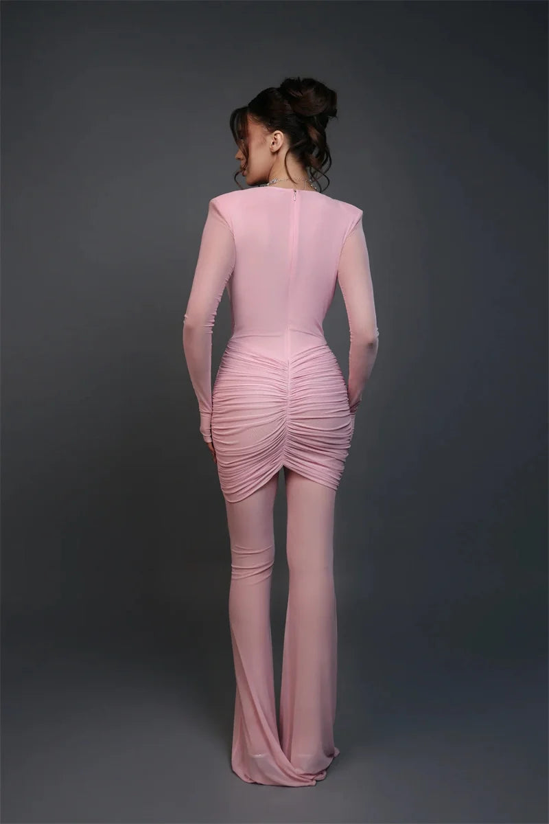 Blifanbo Sexy Deep V Mesh Long Sleeve Jumpsuit  Women Autumn Double Layer Patchwork Ruched Bodycon Jumpsuit Rompers New 2025
