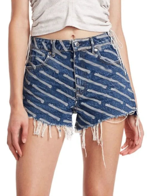 Women's Denim Shorts 2023 Summer Fashion High Waist Letter Print Loose Fringed Fringe Net Red Same Retro Ladies Wide Leg Shorts