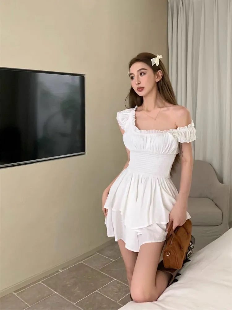 Corset Mini A Line Dresses Skims White Off Shoulder Summer Sexy Folds Puff Sleeve Dress Women Elegant Evening Vestidos