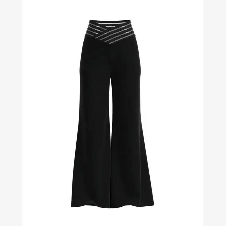 High Waist Sheer Mesh Patch Wide Leg Pants Women's Casual Trousers Polyester Long Pants Versatile Style Regular Thickness