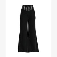 High Waist Sheer Mesh Patch Wide Leg Pants Women's Casual Trousers Polyester Long Pants Versatile Style Regular Thickness