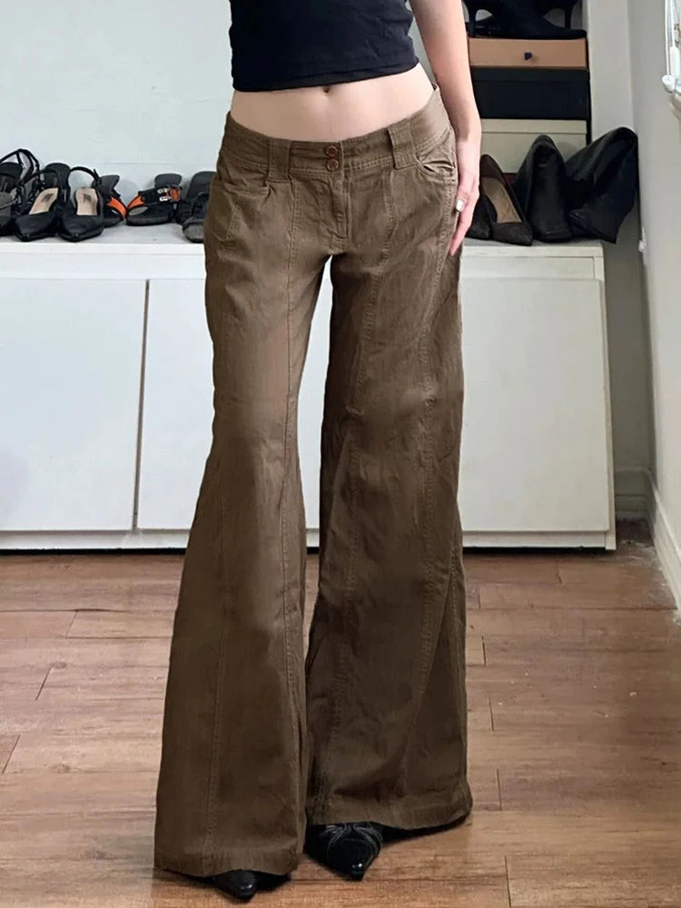 Brown Wide Leg Women's Jeans Y2K Grunge Style Low Rise Baggy Denim Pants Vintage Retro Casual Streetwear Korean Fashion Trousers