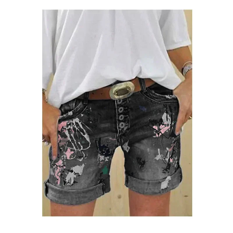 Women Denim Shorts Summer Elastic Single-breasted Print Casual Lady New Fashion Street Sweet Skinny Jeans Pants