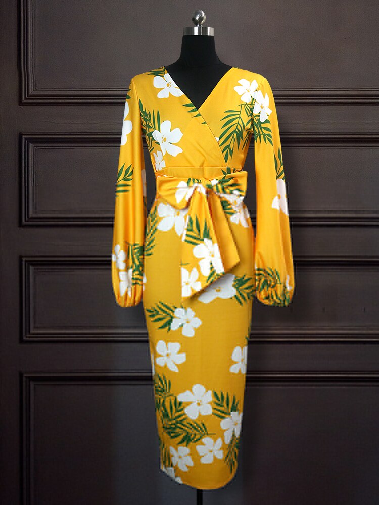 SEXY Yellow Printed Dress V Neck White Flower Long Lantern Sleeve