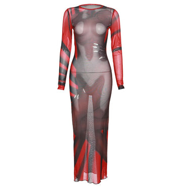 Weird Puss Women Mesh Sexy Maxi Dress See Through Coquette Gradient Handprint Trend Skinny Y2K Midnight Club Streetwear Outfits