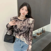 Irregular T-shirt Fashion Tie-dye T Shirts Y2k Spring HarajukuChic Vintage Streetwear Long Sleeve Slim Tops