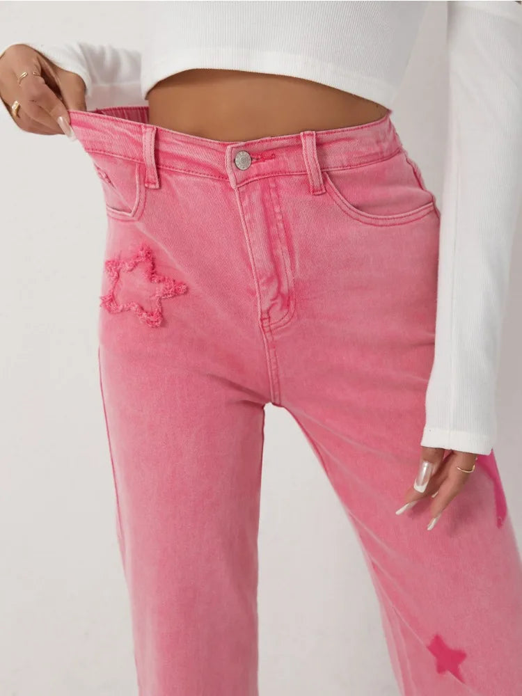 Women's Pink Jeans Star Print Flared High Waist Denim Trousers Stylish and Comfortable Outfit Option