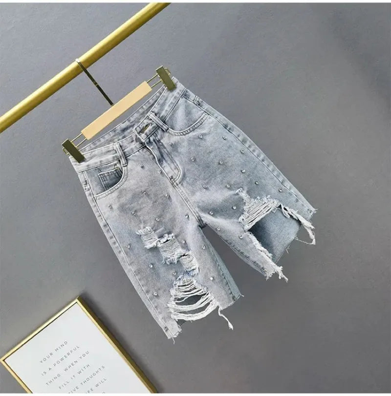 European ripped denim jeans 2025 summer new high-waist slim and heavy industry loose slimming five-point jeans