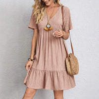 2025 Loose V-neck Short Sleeved Pleated Women Dress Solid Color A-line Beach Dresses Elegant Simple Comfortable Woman Clothing