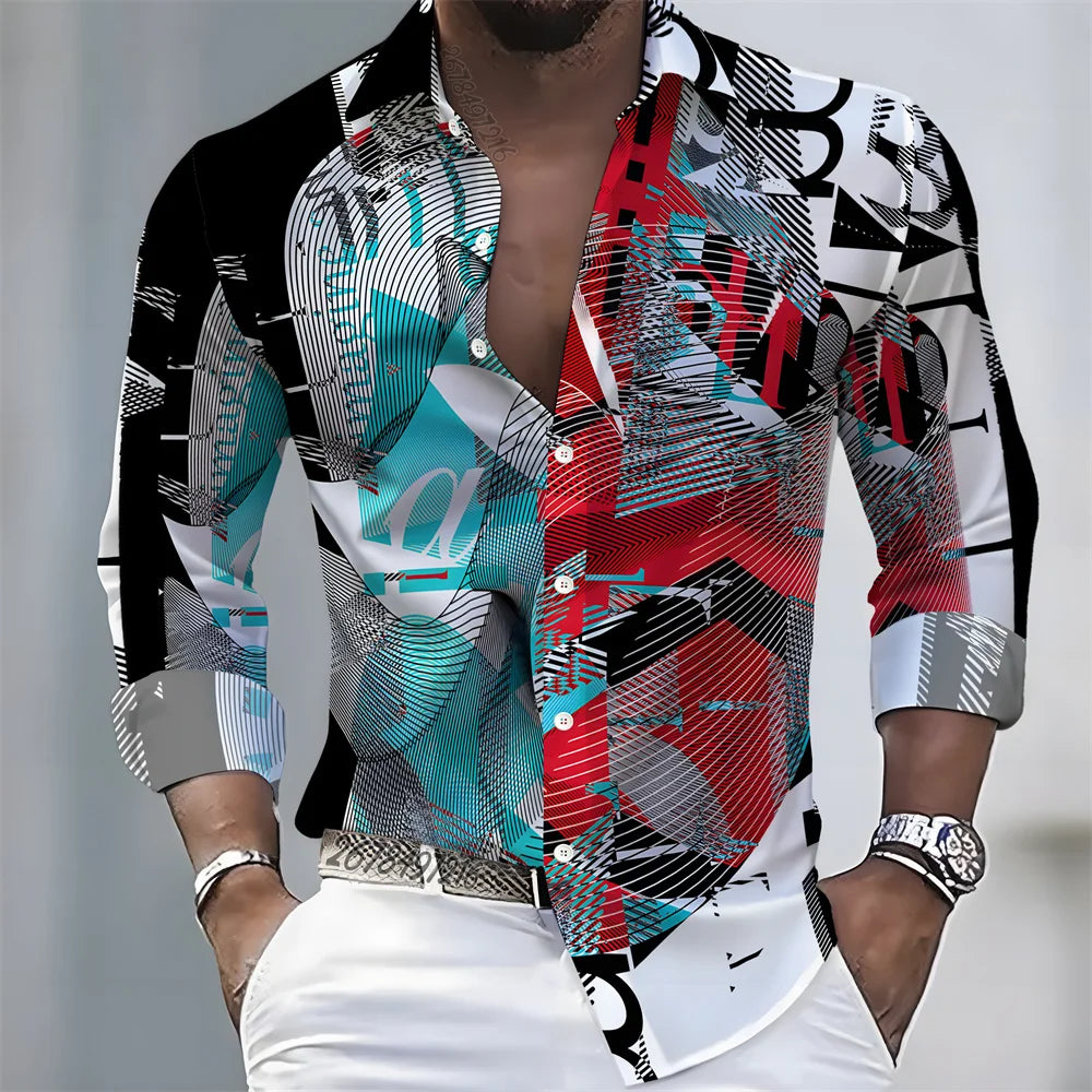 Summer lightweight men's printed long-sleeved shirt, retro floral plaid color-blocked casual shirt, Hawaiian vacation style top.