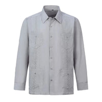 2026 New Men's Guayabera Shirts Four Pockets Embroidered Long Sleeve Shirts for Men Blue Mexican Cuban Button Dress Shirt
