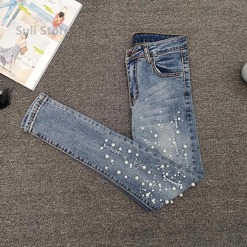 European Station Beaded Jeans Women's Summer 2025 New Versatile Ripped Elastic Skinny Small Foot Nine-point Pants