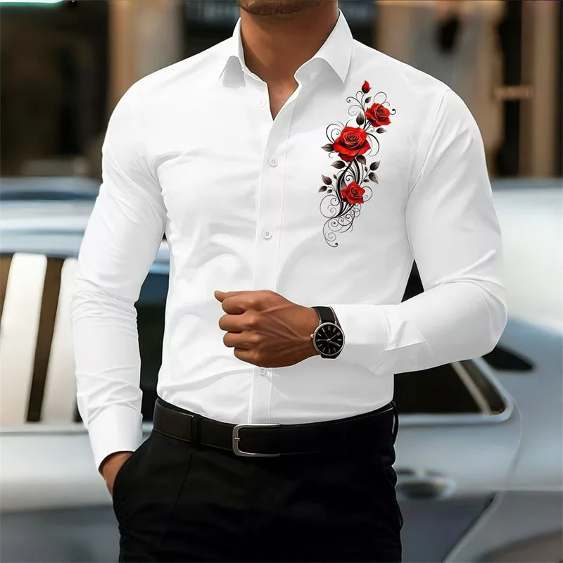 Men's long-sleeved shirt, featuring a vintage red rose print design.  A stylish business casual shirt and fashionable men's top.