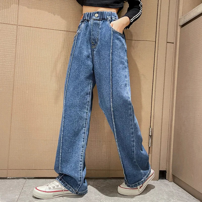 Jeans for Girls 2024 New Fashion Cartoon Printed Long Denim Trousers Teens Kids Cute Dog Pattern Wide Leg Pants 5 7 9 11 13 14Y