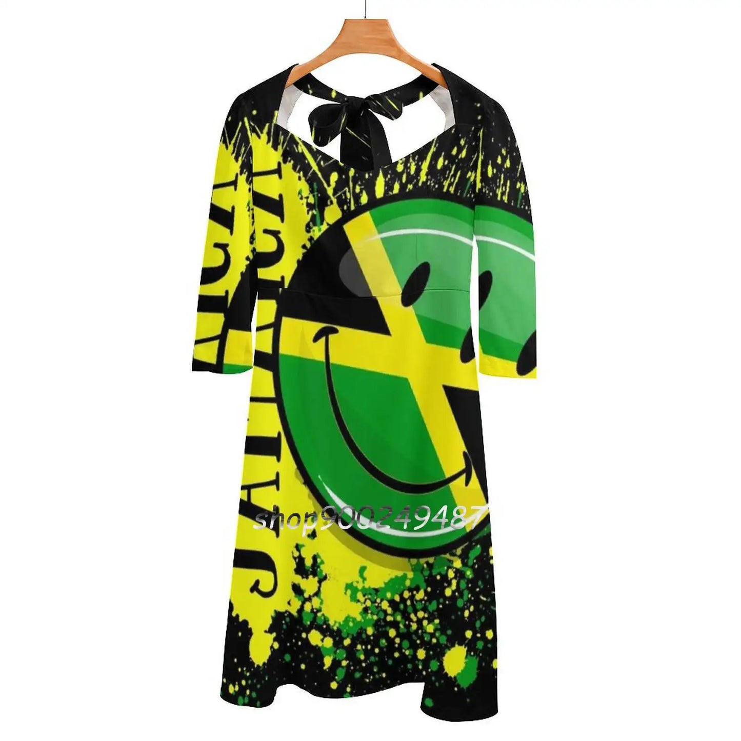 A Splash Of Jamaica Smiling Jamaican Flag Sweet Elegant Dress Women Korean Kawaii Square Collar Dress Artistic Jamaica Jamaican