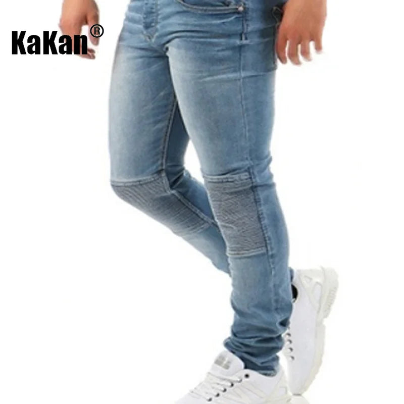 Kakan - New European and American Men's Suspender Jeans, Blue Black Torn Color Matching Jumpsuit Long Jeans K34-992