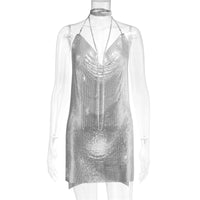 Sexy Silver Sequin Mini Dress For Women Sleeveless Metal Body Chain Party Dress 2024 Women Backless Split Evening Y2K Vestidos