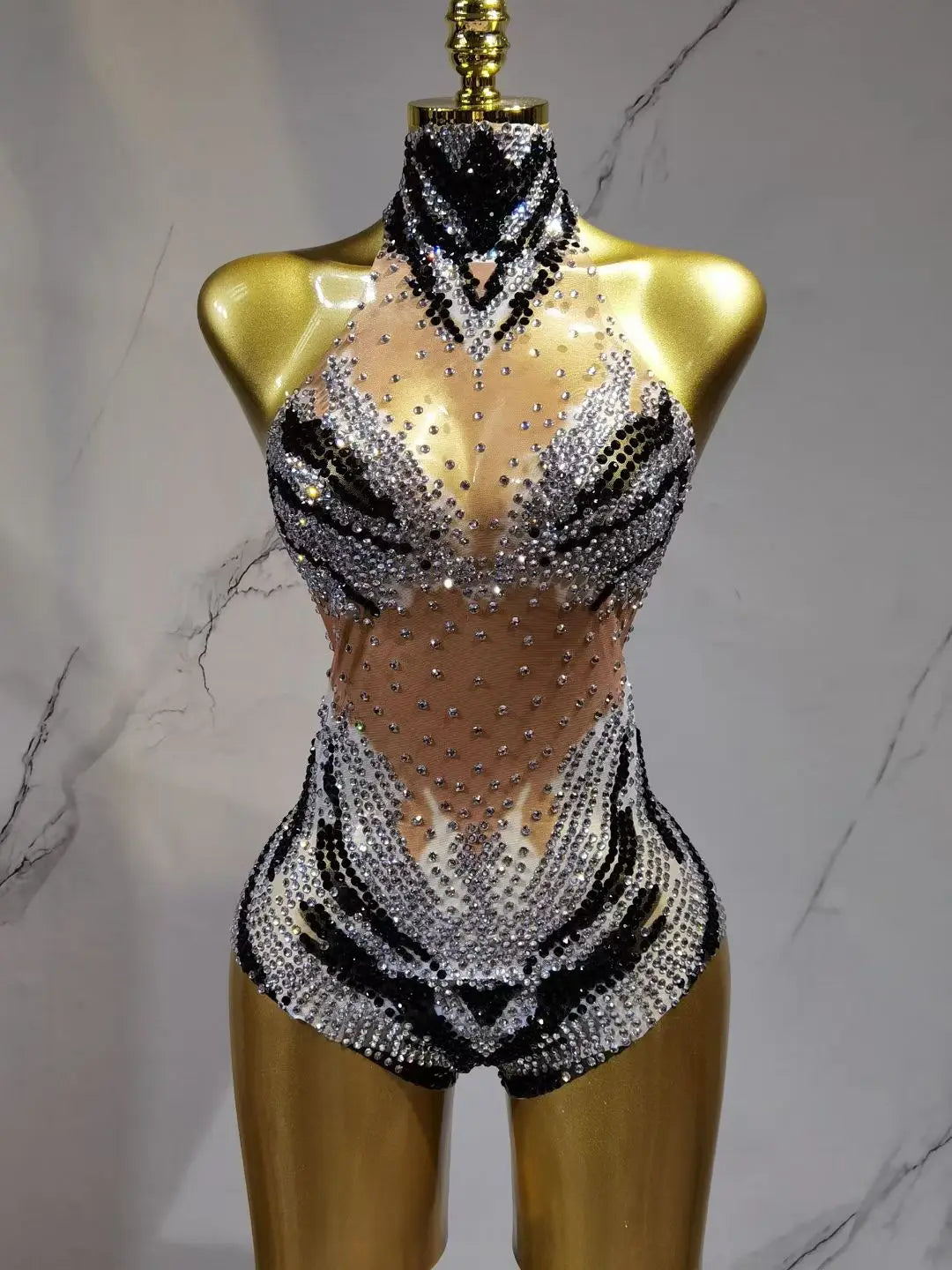 Gold Sequin Sexy Tight Bodysuit Triangle Pants Future Soldier Party Performance Costume for Women's Group Dance Y027