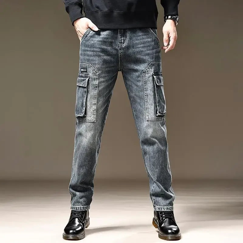 Jeans for Men Straight Male Cowboy Pants with Pockets Trousers Cargo Regular Aesthetic New in Stacked Korean Fashion Trend 2025