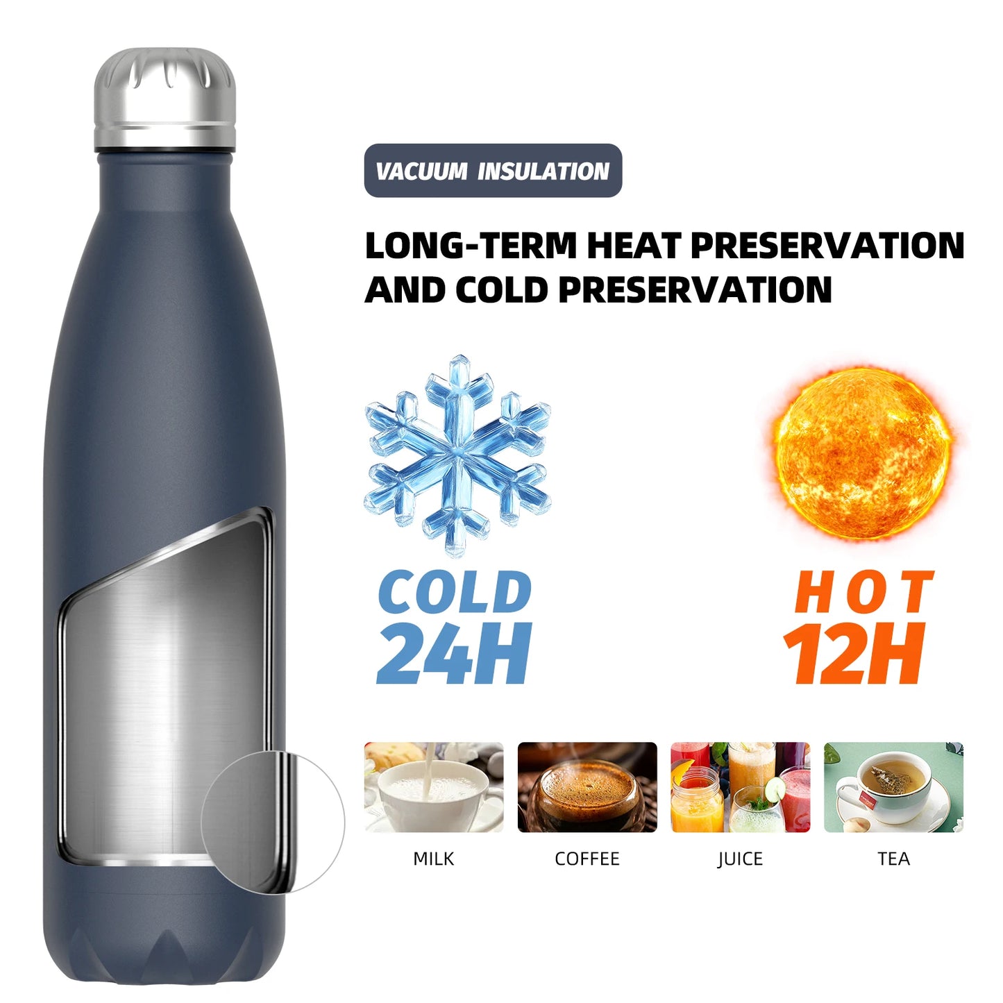 WATERSY 500ml Insulated Water Bottle, Stainless Steel Thermal Leakproof Flask, BPA-Free Double Walled Vacuum Bottle for Sports