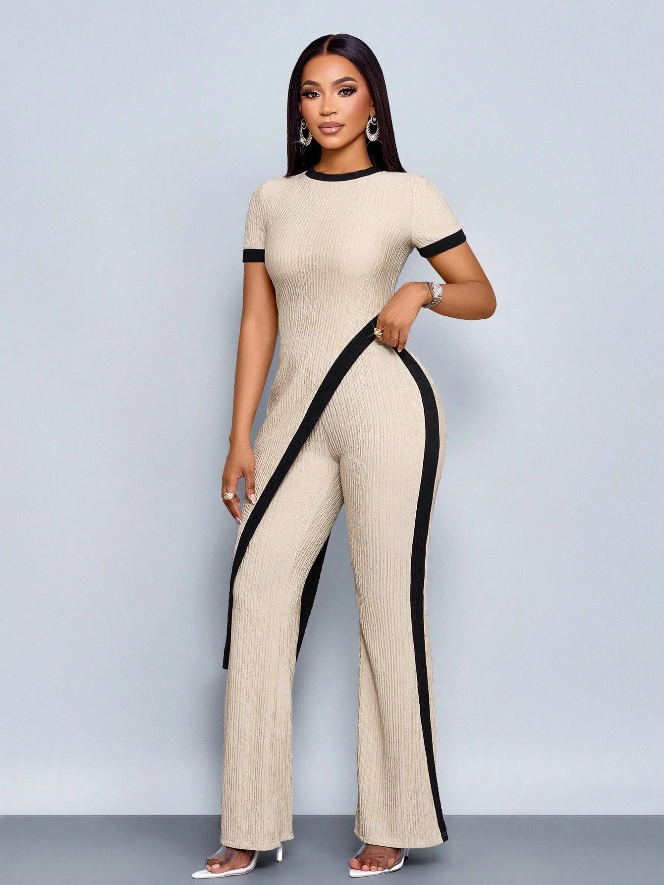 Women's Summer Asymmetric Hem Short-Sleeve T-Shirt and Flared Pants 2-Piece Set