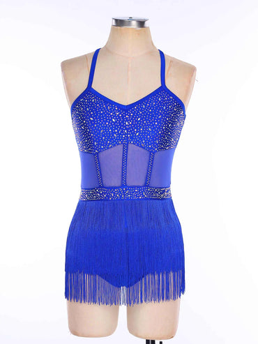 Women Tassel Latin Jazz Salsa Leotard Dance Dress Tango Dance Costumes Sheer Mesh Patchwork Rhinestones Fringed Bodysuit Dress