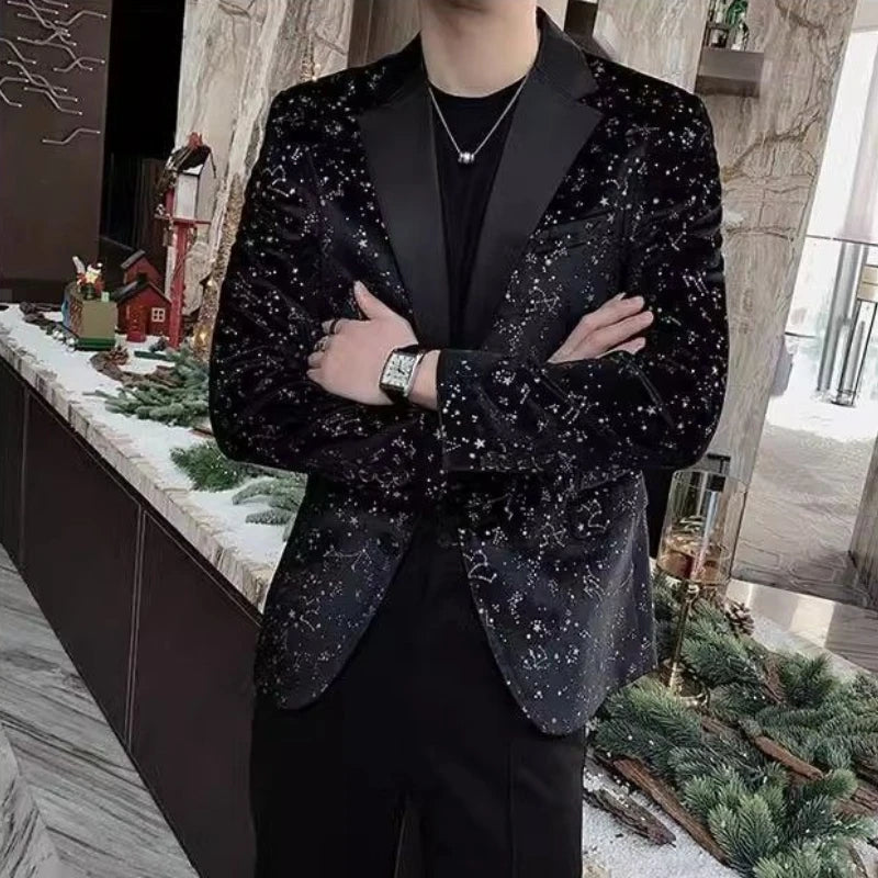 Black Male Blazer High Quality Single Models Menswear Coat Elegant Original Gentleman Simple Breasted Sequin Men's Suit Jackets