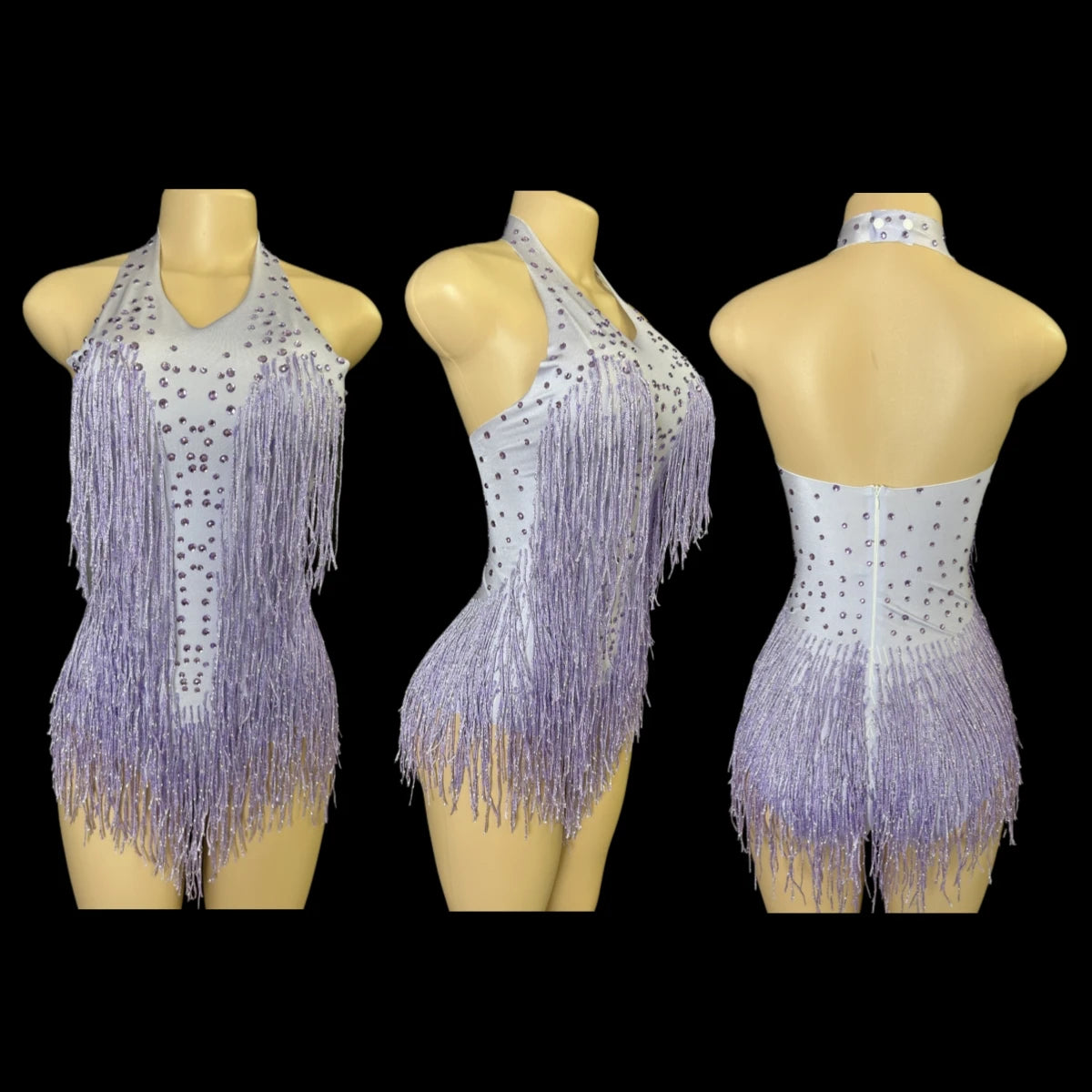 Sparkly Rhinestones Fringe Bodysuit WomenVightclub Party Dance Costume Stage Wear SexyTassel Leotard Performance Clothing G7