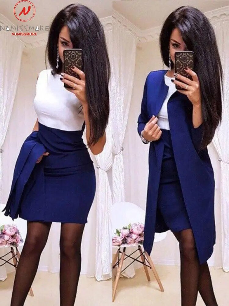 Elegant Women Set for Office Lady Pure Color Patchwork Design Casual O-Collar Slim Autumn/Winter Women Dress 2 Piece Set