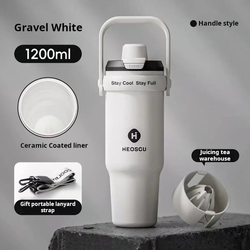 1pc Stainless Steel Ice Tumbler 1200ml Insulated Cup With Handle & Straw Keeps Cold For 24 Hrs Car Insulation Cup Coffee Water