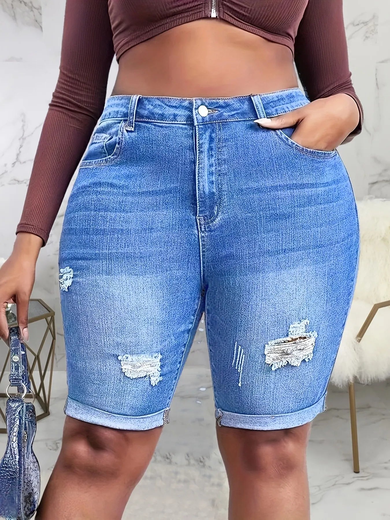 Women's Jeans 2023 Summer Women's New Lean and Versatile High-elasticity Broken Hole Denim Shorts for Women