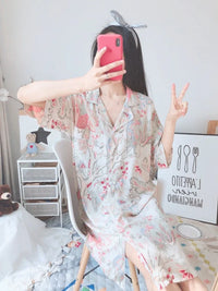 Women Summer Cotton Cardigan Nightdress Loose Women Short Sleeve Nightgown Cartoon Floral Print Sleep Dress Nachtkleding Vrouwen