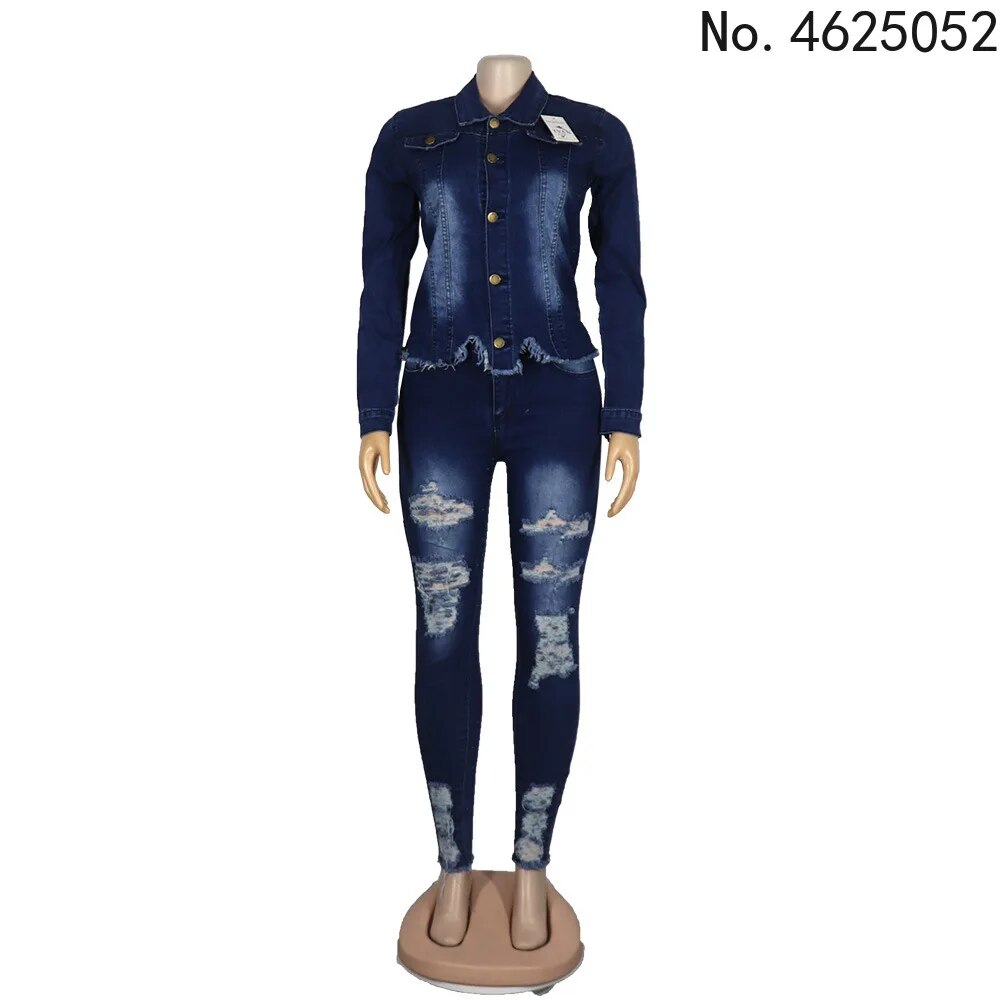 Casual Jeans Two Piece Set Women Denim Pant Suits Bodycon Tracksuit Turn Down Collar Long Sleeve Top Sets Vestidos 2023 Autumn