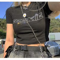 Rhinestone Y2k Sexy Punk Vintage Goth Black T Shirt Summer Clothes For Women Fashion Crop Top O-neck Short Sleeve Tee Streetwear