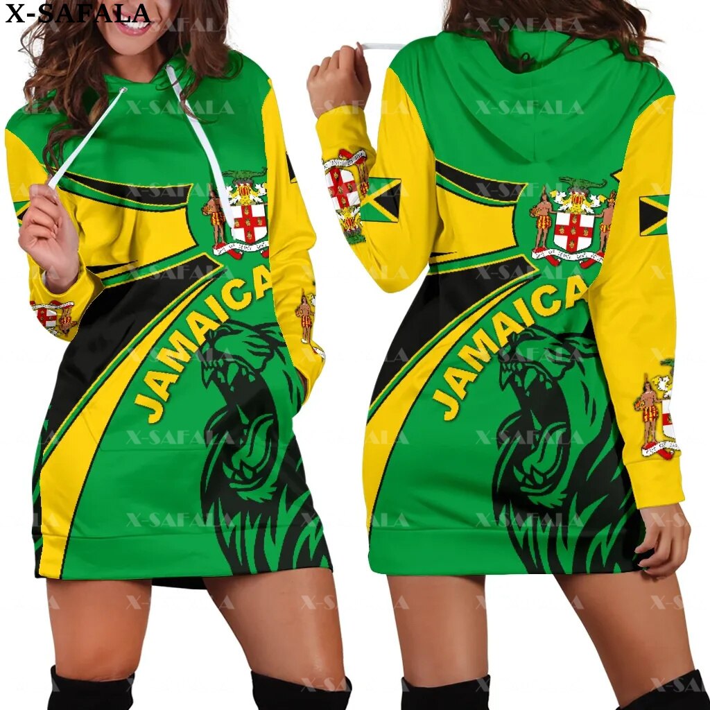 JAMAICA Emblem Country Flag New Harajuku Novelty 3D Print Autumn Hoodie Dress Women Casual Wear Long Sleeve Hooded Dress-3