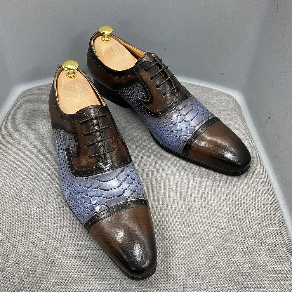 DANIEL WAFER Real Cow Leather Men's Dress Shoes Handmade Lace Up Oxford Snake Print Pointed Cap Toe Party Formal Shoes for Men