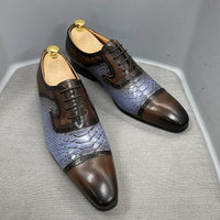 DANIEL WAFER Real Cow Leather Men's Dress Shoes Handmade Lace Up Oxford Snake Print Pointed Cap Toe Party Formal Shoes for Men