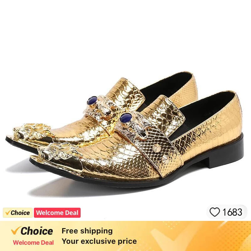 brown business dress men's shoes black snake embossed Genuine leather shoes dragon head pointed party Trend wedding shoes