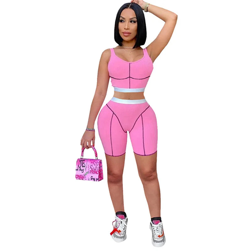 Knitted Ribbed Striped 2 Piece Sets Summer Outfits for Women 2023 Crop Top and Shorts Casual Matching Sets Sportwear Sweatsuits