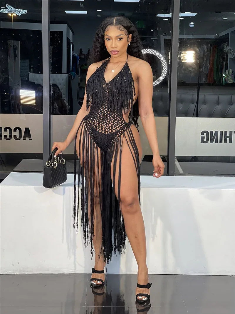 Sexy Crochet Knitted Beach Summer Dress Women Halter V-neck Tassel Backless Maxi Dress Vacation Sheer Long Dresses Swimsuit 2024