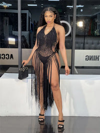 Sexy Crochet Knitted Beach Summer Dress Women Halter V-neck Tassel Backless Maxi Dress Vacation Sheer Long Dresses Swimsuit 2024