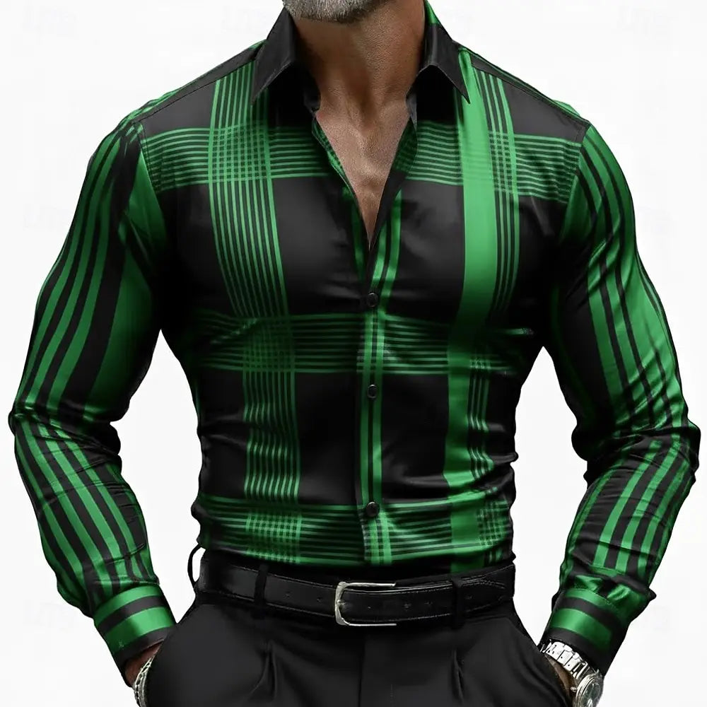 Men's Geometric Striped Grid  Plaid Shirt Long Sleeve Business Casual Vacation  Summer Spring Turndown 3D Print Button Up Shirts