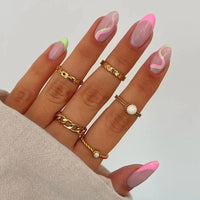 24Pcs Long Round Head Black Glod Line Press On Nail Art Removable Fake Nails With Glue Full Cover Waterproof False Nails