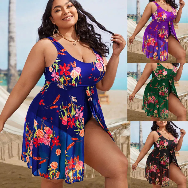 2022 New Large Size 8XL Women modest Swim Dresses Flower Printing Plus-Size Swimsuit Padded One Piece Swimwear Bathing Suits